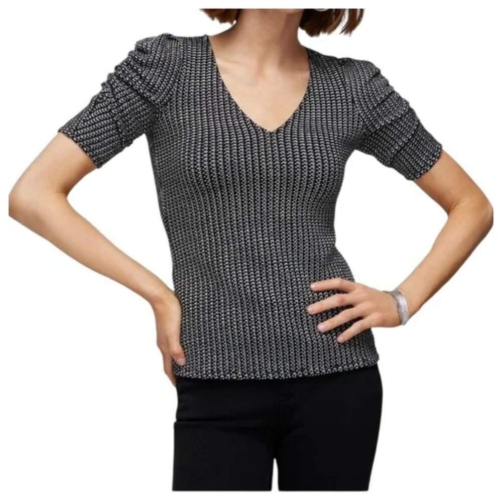!! White House Black Market Jacquard Puff Sleeve V-Neck Top sz S